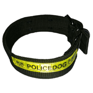 A black nylon dog collar with a metal buckle and a large silver police badge emblem in the center. The collar is adjustable and fits medium to large sized dogs.